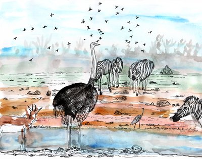 Safari 2, 2018 (bläck och akvarell) av Charlotte Orr