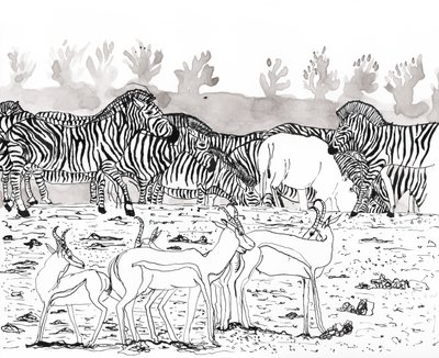 Safari 3, 2018 (bläck och akvarell) av Charlotte Orr