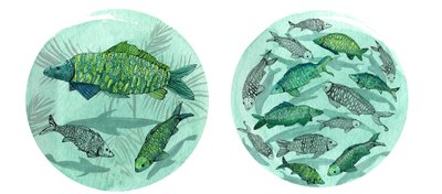 Small Fish Big Pond, 2018 (penna och bläck, akvarell och digital) av Charlotte Orr