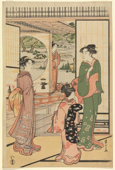 Vackra kvinnor vid en Yashiki (CBL J 2494) av Chobunsai Eishi