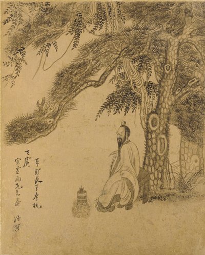 Förbereder elixiret under en tall, Qing-dynastin, 1651 (bläck på guldpapper) av Chen Hongshou
