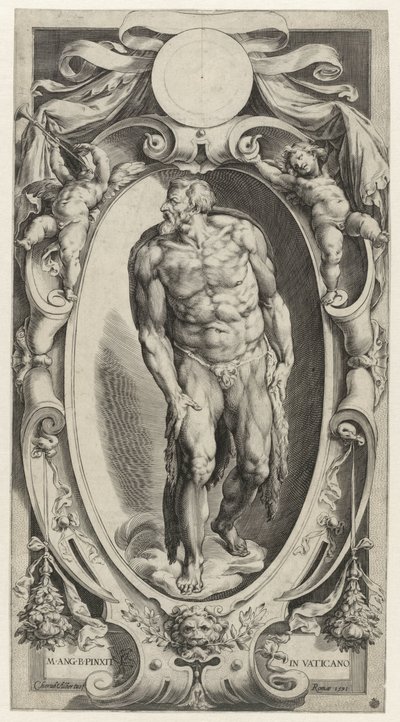 Johannes Döparen i en kartusch Figurer från den sista domen i Sixtinska kapellet (serietitel) av Cherubino Alberti