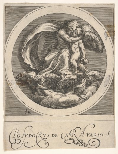 Jupiter, sittande ovanför två örnar och omfamnande Amor, en rund komposition från en serie..., ca. 1590. av Cherubino Alberti