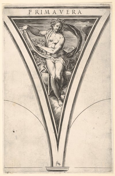 Spring Primavera representerad som en kvinna som bär ett böljande draperi och girlanger..., ca. 1570-1615. av Cherubino Alberti