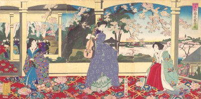 A Dance Party: Enjoying Cherry Blossom Viewing at Ueno Tobukai Ueno oka yuran no z..., mars 1887. av Chikanobu Yoshu