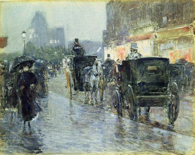 Horse Drawn Cabs at Evening, New York, ca 1890 (akvarell och gouache på papper) av Childe Frederick Hassam