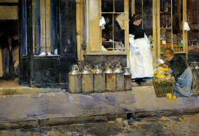 The Milk Churns, ca 1888 (akvarell på papper) av Childe Frederick Hassam