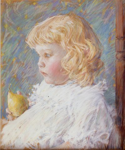 Liten flicka med ett päron av Childe Hassam