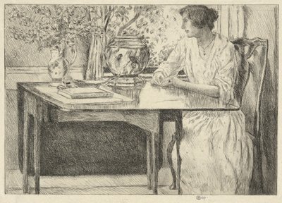 The Colonial Table (Holley House, Cos Cob) (recto); Landskap med lada (verso) av Childe Hassam