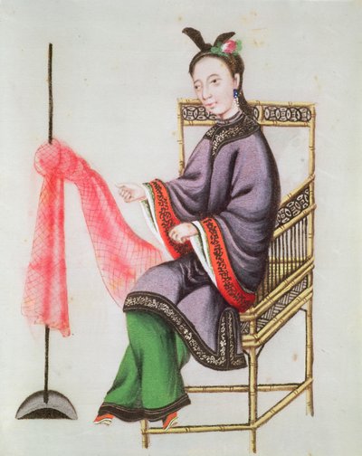 En kinesisk kvinna som gör ett fiskenät, Qianlong Period (1736-96) (gouache på papper) av Chinese School