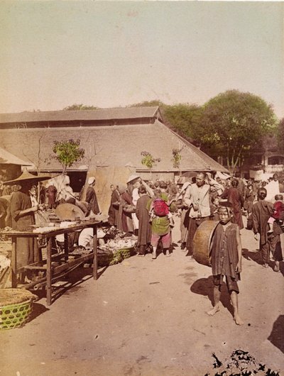 A Market in Tonkin, ca 1899-1900 (färgat foto) av Chinese School