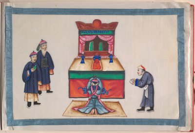 Album, sent 1800-tal (album med tolv blad; tusch och färg på märgpapper, inbundet i röd damast) av Chinese School