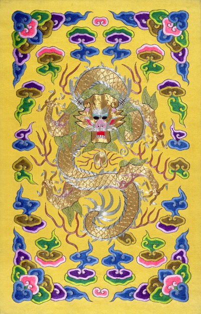 En broderad kinesisk drake, från framsidan av ett fransk-kinesiskt diplomatiskt fördrag (silver- och guldtråd och siden) av Chinese School
