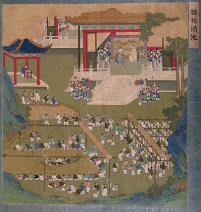 Forntida kinesisk kejsare och kejsarinna håller hov inför hovmän som båtar in och dricker ur en damm med risvin och hjälper sig själva med bacon (wc och gouache på papper) av Chinese School