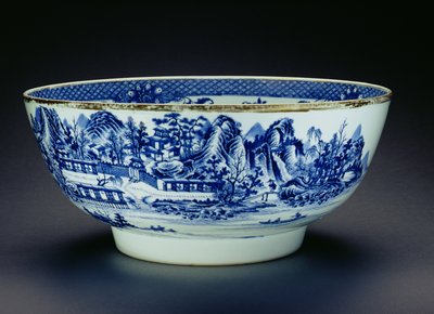 Blå och vit skål dekorerad med en scen som visar tillverkning av porslin (porslin) (se 208012) av Chinese School