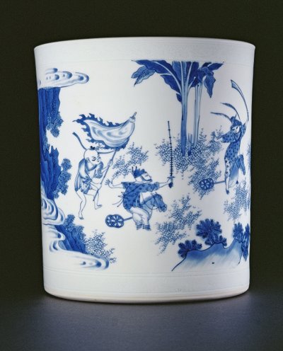 Blå och vit penselkruka målad med en dam och pojkar som leker på hobbyhästar, Chongzheng, 1630-44 (porslin) (se 205936) av Chinese School