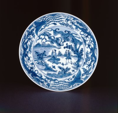 Blått och vitt fat målat med en salvia och medföljare, Wanli-märke och period, 1573-90 (porslin) av Chinese School