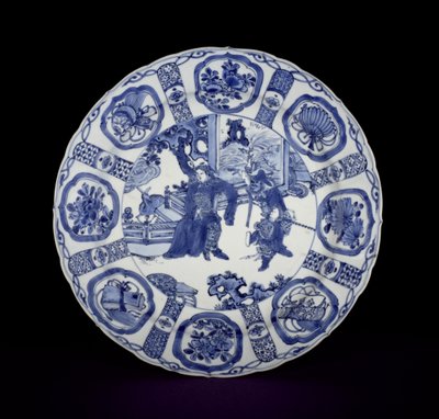 Blått och vitt kraakfat målat med krigare, Wanli, 1590-1610 (porslin) av Chinese School
