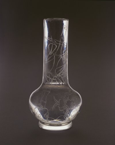 Flaska graverad med bambu, lingzhi svampväxter och stenar, Qianlong märke och period, 1736-95 (glas) av Chinese School