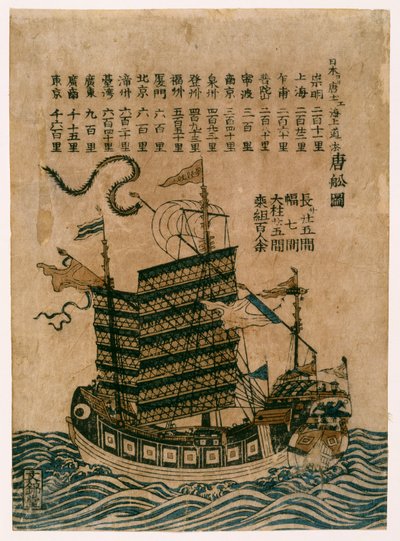 Kinesiskt skepp (Tosen Zu) med lista över sjövägen från Kina till Japan, ca 1850 (träblock i färg) av Chinese School