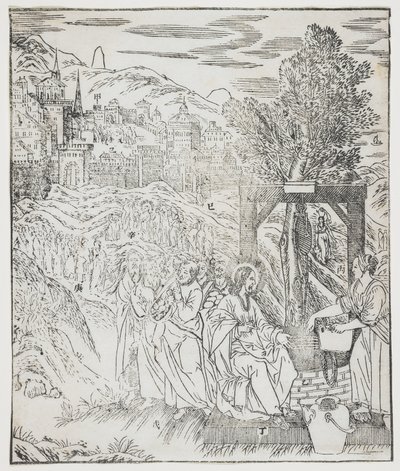 Kristus vid brunnen, tallrik från Giulio Alenis Tianzhu jiangsheng zhuxiang jingjie (En illustrerad historia om himlens Herre som blev inkarnerad i köttet), Jinjiang-kyrkan, Fujian-provinsen, Chi av Chinese School