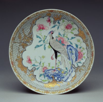 Fat målat med en långstjärtad fågel, stenar och blommor, Yongzheng Period, 1725-35 (äggskalsporslin) av Chinese School