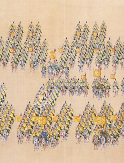 Kejsar Qianlongs genomgång av den stora paraden av trupper, handscroll av Chinese School