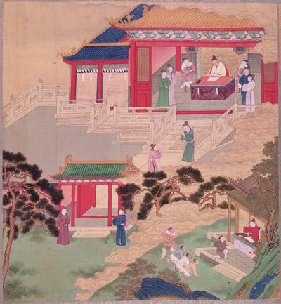 Kejsar Tai Tsung (r.762-779) läser en medicinsk bok, från en historia av kinesiska kejsare (färg på siden) av Chinese School