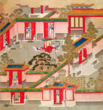 Kejsar Wu Ti (156-87, r.141-87 f.Kr.), som lämnar sitt palats, från en historia av kinesiska kejsare (färg på siden) av Chinese School