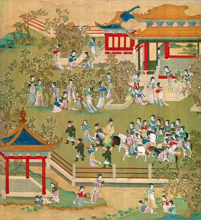 Kejsar Yang Ti (581-618) strosar i sina trädgårdar med sina fruar, från en historia av kinesiska kejsare (färg på siden) (se även 176855) av Chinese School