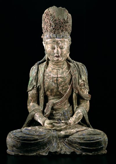 Stor sittande bodhisattva i meditation, Jin-dynastin (1115-1234) (trä & pigment) (se 206545) av Chinese School