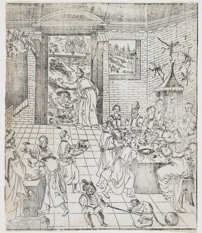 Lazarus i den rike mannens hus, tallrik från Giulio Alenis Tianzhu jiangsheng zhuxiang jingjie (En illustrerad historia om himlens Herre som blev inkarnerad i köttet), Jinjiang-kyrkan, Fu av Chinese School
