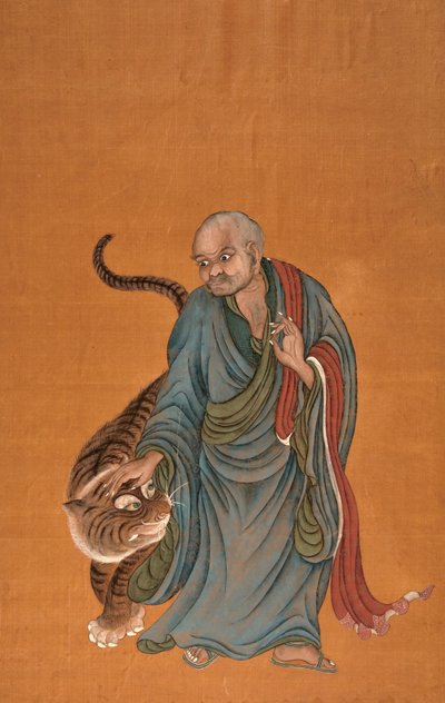 Lohan med tiger, sent 1700-tal till tidigt 1800-tal (färg på siden) av Chinese School