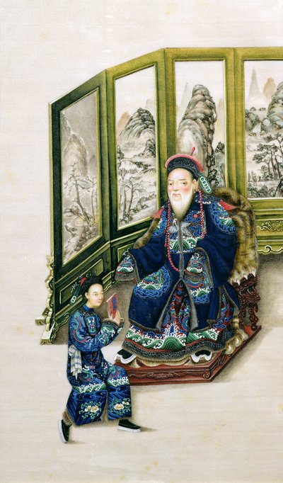 Gubben sitter med en tjänare som läser av Chinese School