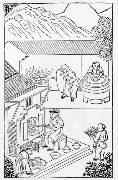 Öppning och stängning av ugnar, från en serie illustrationer om tillverkning av porslin (se 384116 & 384117 för hela serien) av Chinese School