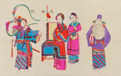 Tryck av en kinesisk operascen (träblock i färg på papper) av Chinese School