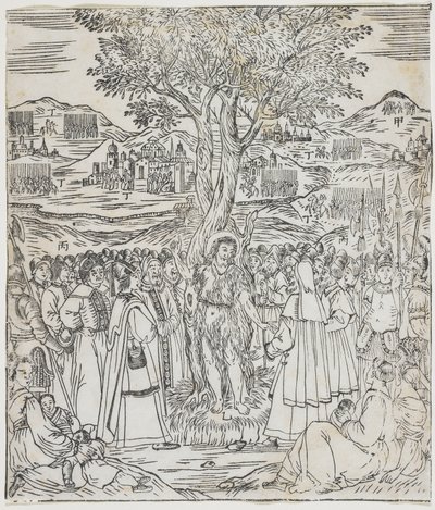 Johannes Döparen predikar, tallrik från Giulio Alenis Tianzhu jiangsheng zhuxiang jingjie (En illustrerad historia om himlens Herre som blev inkarnerad i köttet), Jinjiang-kyrkan, Fujian av Chinese School