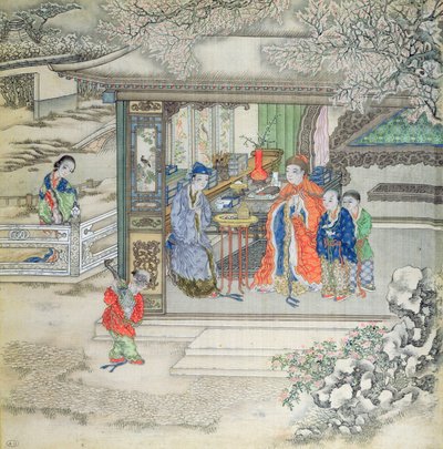 Scen i en trädgård med en familj som tar emot besökare (gouache på siden) av Chinese School