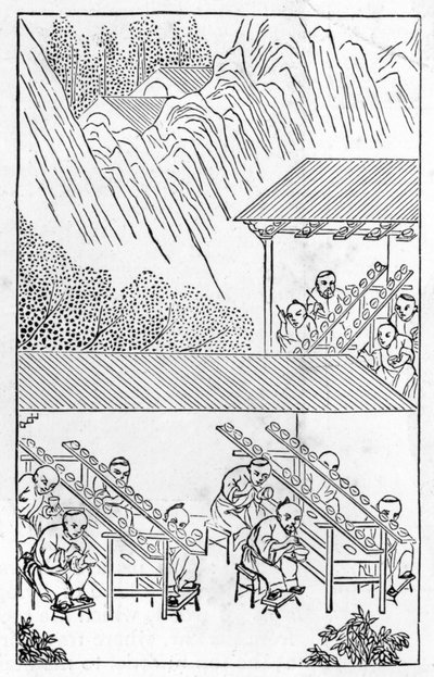 Studio av målare i emalj, från en serie illustrationer om tillverkning av porslin (se 384116 & 384117 för hela serien) av Chinese School