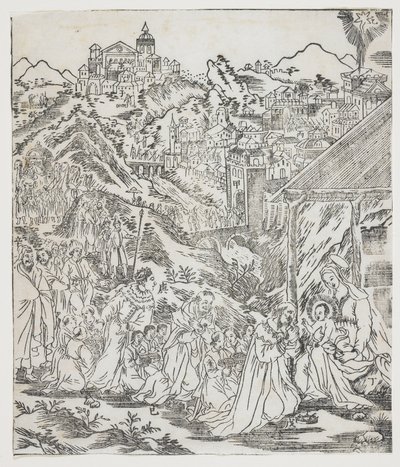 Kristi tillbedjan, tallrik från Giulio Alenis Tianzhu jiangsheng zhuxiang jingjie (En illustrerad historia om himlens Herre som blev inkarnerad i köttet), Jinjiang-kyrkan, Fujian-provinsen av Chinese School