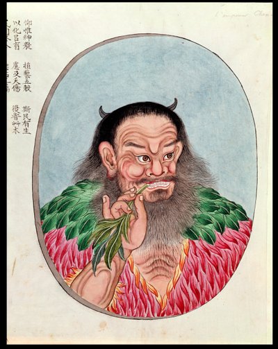 Den legendariska kejsaren Shen-Nung, illustration från en Pen Tsao, 1700-1800-talet av Chinese School