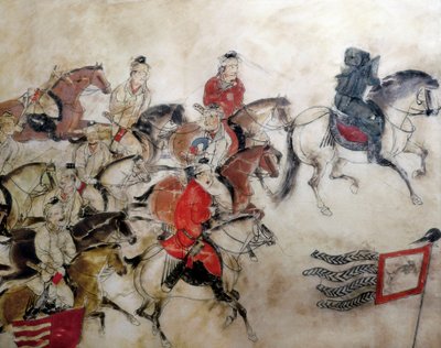 Prins Zhanghuais grav, jaktscen med hästar, Xian, Han-perioden, 706 (väggmålning) av Chinese School