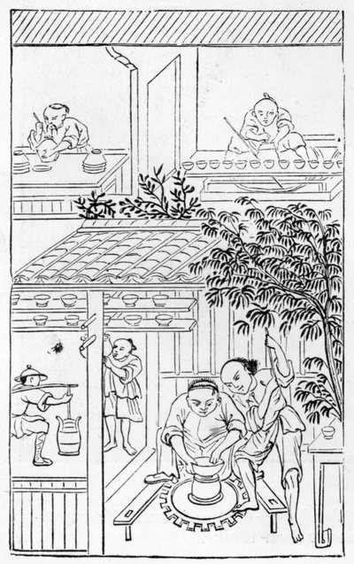 Svarvfat, från en serie illustrationer om tillverkning av porslin (se 384116 & 384117 för hela serien) av Chinese School