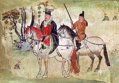 Två ryttare i ett landskap eller, Boddhisatva och hans ekipage, Tangperioden (målad sten) av Chinese School