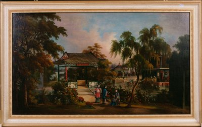 Utsikt över Howquas trädgård i kantonen med damer vid en paviljong, ca 1850 av Chinese School