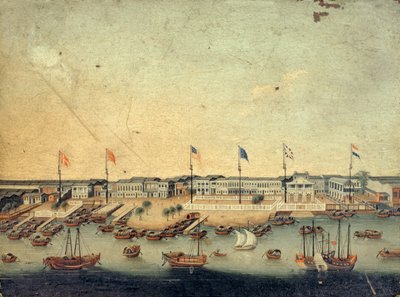 Utsikt över Hongs i Kanton med de danska, österrikiska, amerikanska, svenska, brittiska och holländska fabrikerna (olja på koppar) av Chinese School