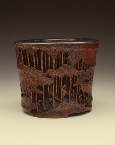 Stor penselkruka med de sju vise från bambulunden på deras litterära sysselsättningar i en bambuskog, Kang-hsi-perioden (1662-1722), Ching-dynastin (snickrad bambu) av Chinese School Chinese School