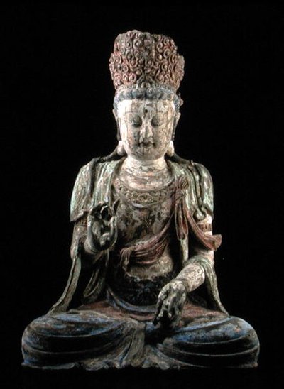 Stor sittande bodhisattva med höjda händer, Jin-dynastin (1115-1234) (trä & pigment) (se 206547) av Chinese School Chinese School