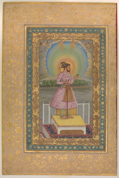 Shah Jahan på en terrass, håller ett hänge med sitt porträtt, folio från Shah Jahan-albumet, recto: 1627–28 av Chitarman