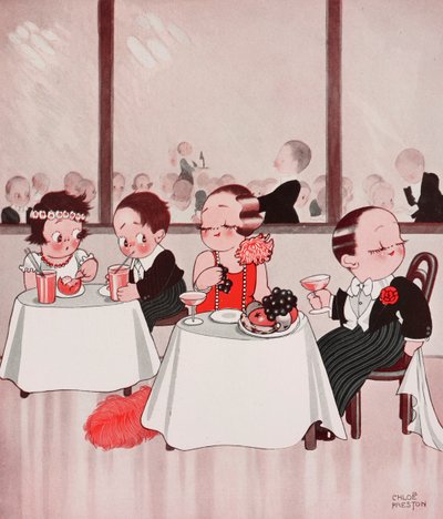 Town mice and country mice, förfinade medborgare mot oraffinerade landsmän, restaurangscen, teckning av Chloe Preston (1887-1969) från The Tatler, nr 1384, 4 januari av Chloe Preston